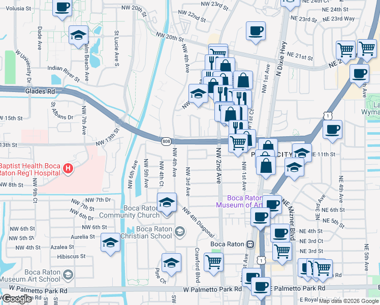 map of restaurants, bars, coffee shops, grocery stores, and more near 298 Northwest 12th Street in Boca Raton