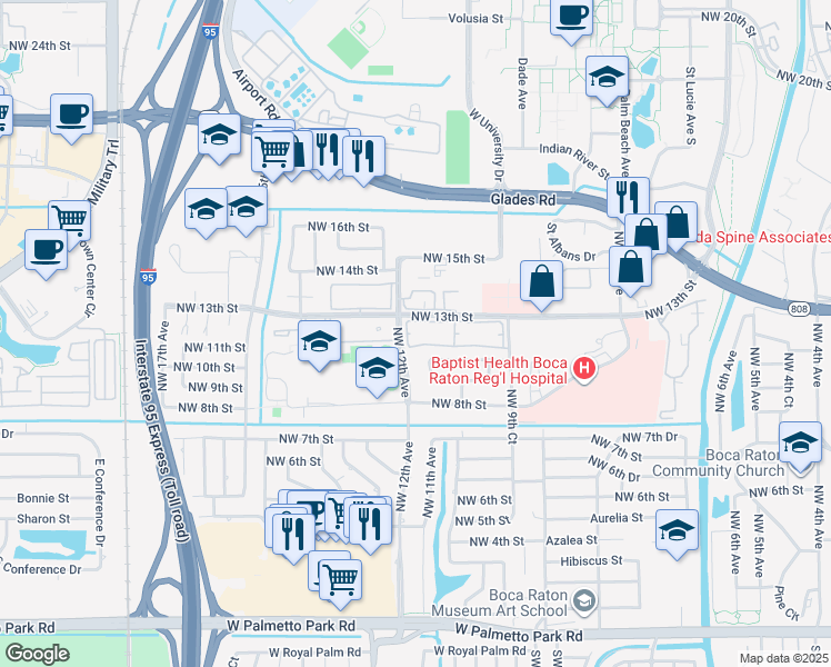 map of restaurants, bars, coffee shops, grocery stores, and more near 1150 Northwest 13th Street in Boca Raton