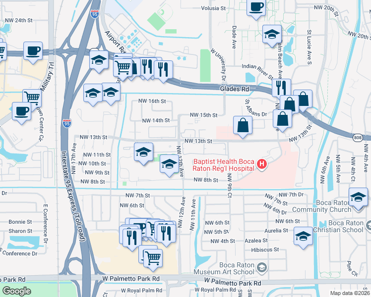 map of restaurants, bars, coffee shops, grocery stores, and more near 1174 Northwest 13th Street in Boca Raton