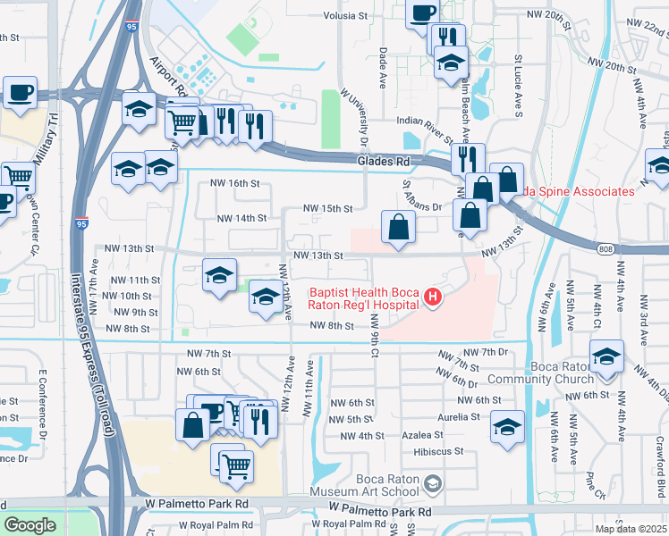 map of restaurants, bars, coffee shops, grocery stores, and more near 1074 Northwest 13th Street in Boca Raton