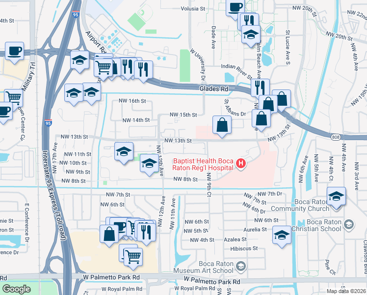 map of restaurants, bars, coffee shops, grocery stores, and more near 1074 Northwest 13th Street in Boca Raton