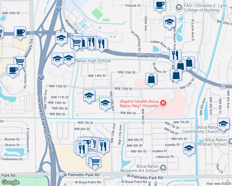 map of restaurants, bars, coffee shops, grocery stores, and more near 1150 Northwest 13th Street in Boca Raton