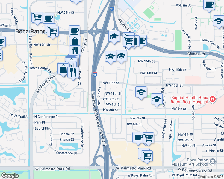 map of restaurants, bars, coffee shops, grocery stores, and more near 1220 Northwest 16th Court in Boca Raton