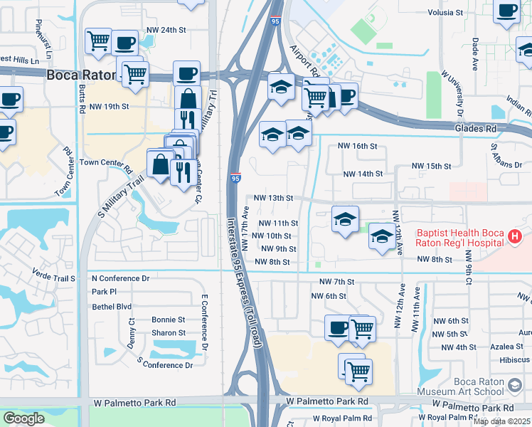 map of restaurants, bars, coffee shops, grocery stores, and more near 1220 Northwest 16th Court in Boca Raton