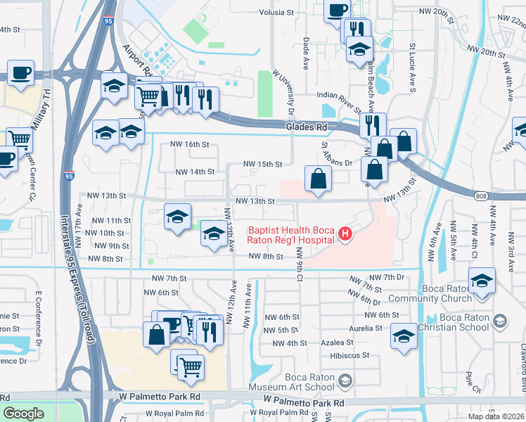 map of restaurants, bars, coffee shops, grocery stores, and more near 1074 Northwest 13th Street in Boca Raton