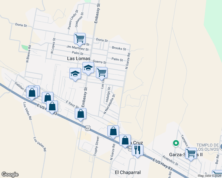 map of restaurants, bars, coffee shops, grocery stores, and more near 257 Las Lomas Street in Rio Grande City