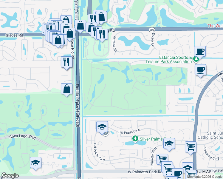 map of restaurants, bars, coffee shops, grocery stores, and more near 21237 Harrow Court in Boca Raton