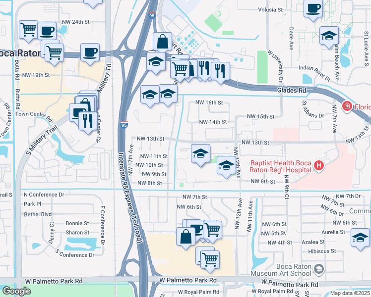 map of restaurants, bars, coffee shops, grocery stores, and more near 1400 Northwest 13th Street in Boca Raton