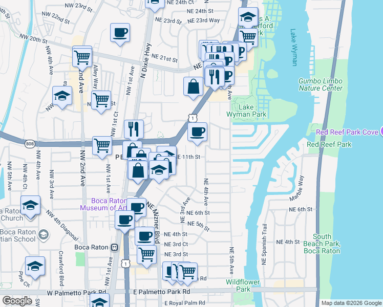 map of restaurants, bars, coffee shops, grocery stores, and more near 1132 Northeast 3rd Avenue in Boca Raton
