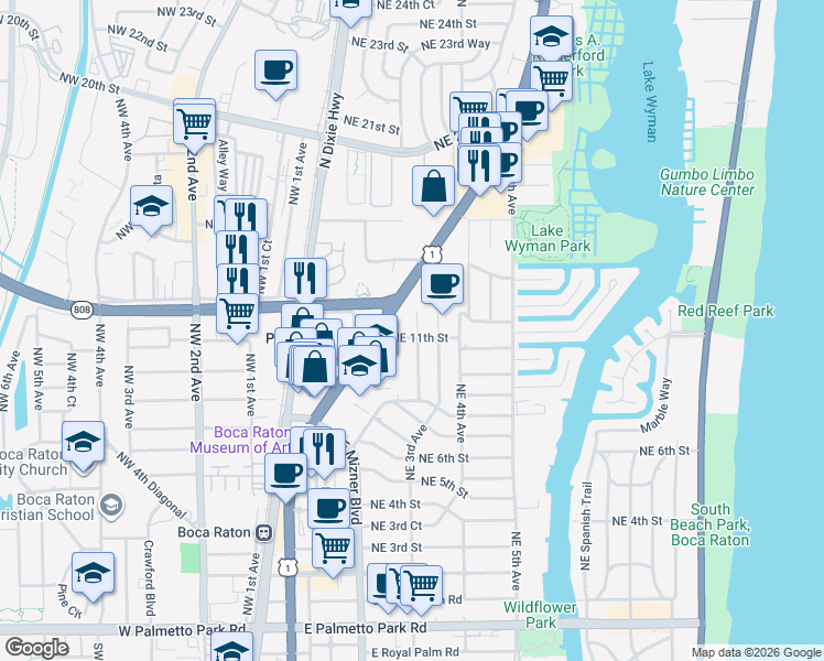 map of restaurants, bars, coffee shops, grocery stores, and more near 233 Northeast 11th Street in Boca Raton