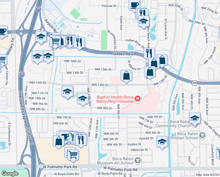 map of restaurants, bars, coffee shops, grocery stores, and more near 1074 Northwest 13th Street in Boca Raton