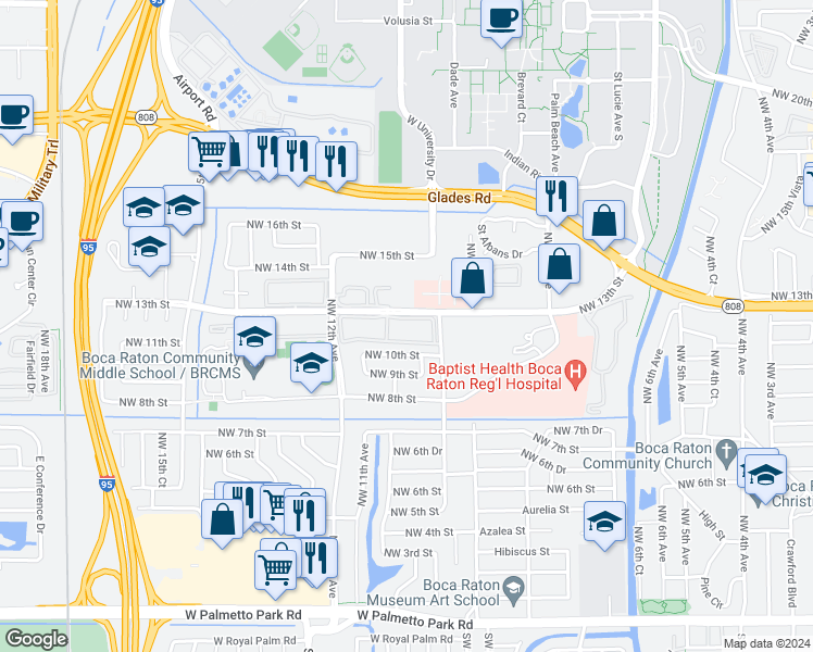 map of restaurants, bars, coffee shops, grocery stores, and more near 1074 Northwest 13th Street in Boca Raton
