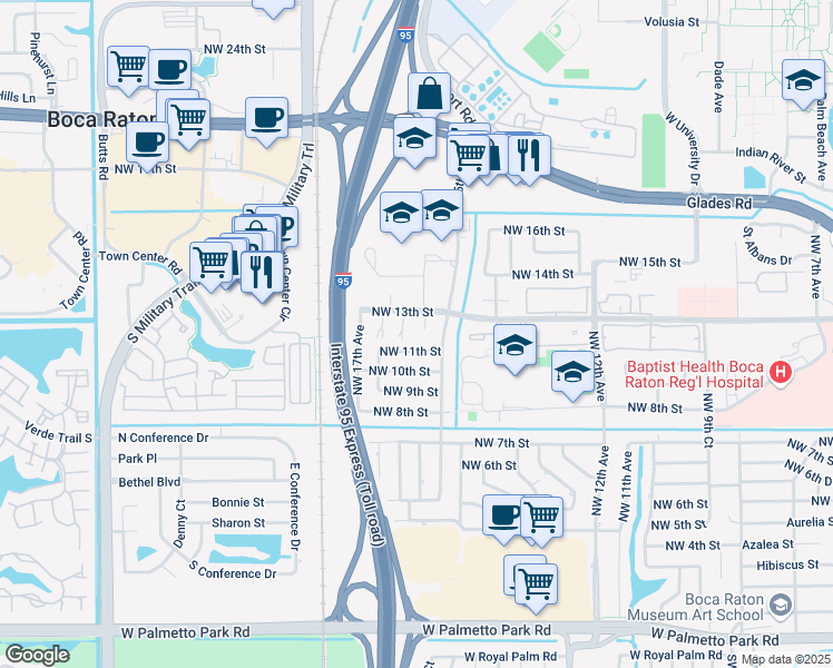 map of restaurants, bars, coffee shops, grocery stores, and more near 1171 Northwest 15th Court in Boca Raton