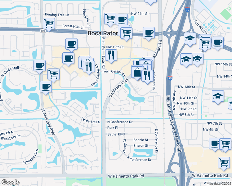map of restaurants, bars, coffee shops, grocery stores, and more near 5359 Buckhead Circle in Boca Raton