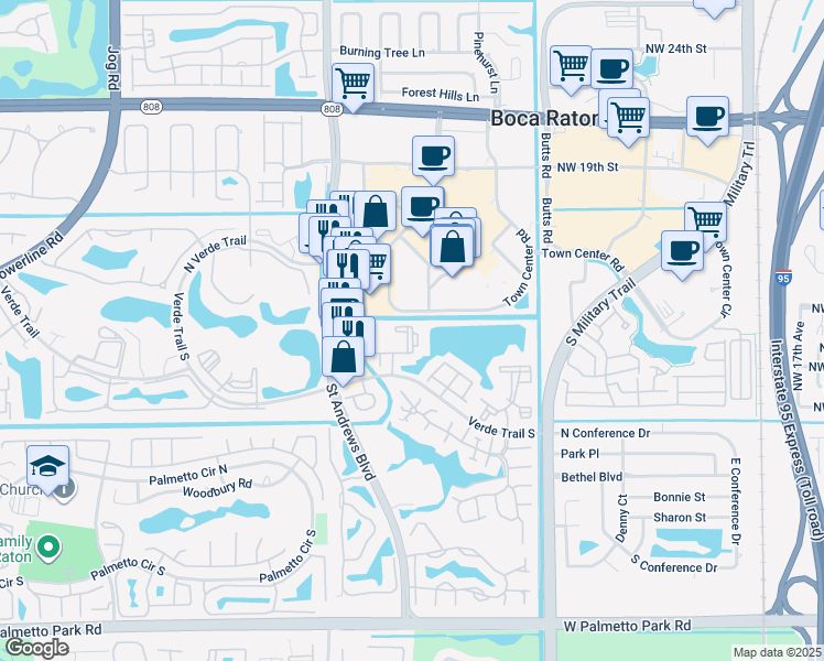 map of restaurants, bars, coffee shops, grocery stores, and more near 5801 Town Bay Drive in Boca Raton
