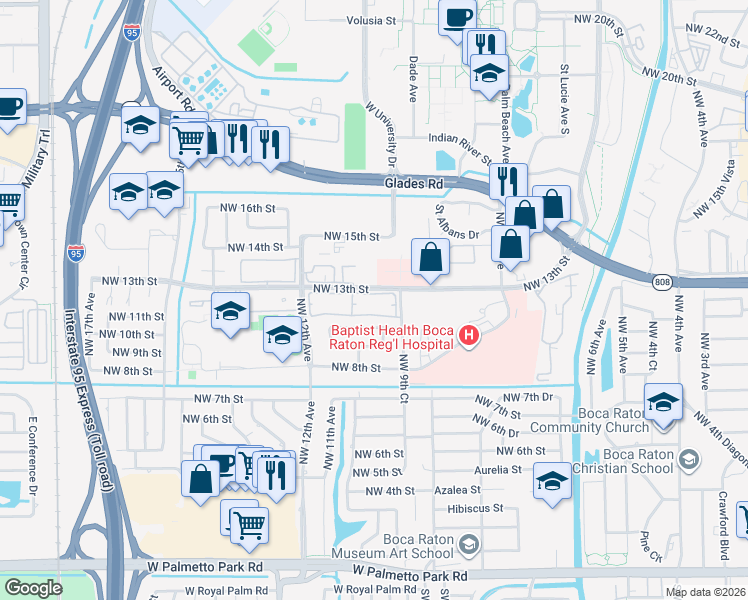 map of restaurants, bars, coffee shops, grocery stores, and more near 1074 Northwest 13th Street in Boca Raton