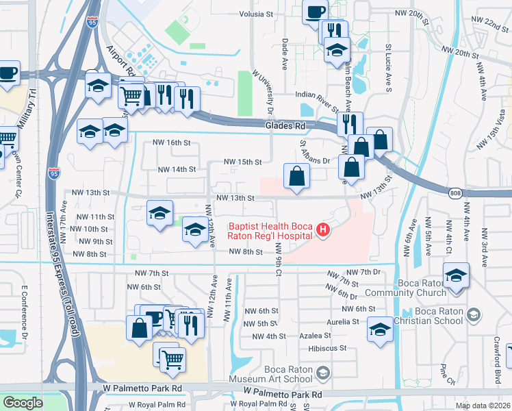 map of restaurants, bars, coffee shops, grocery stores, and more near 1074 Northwest 13th Street in Boca Raton