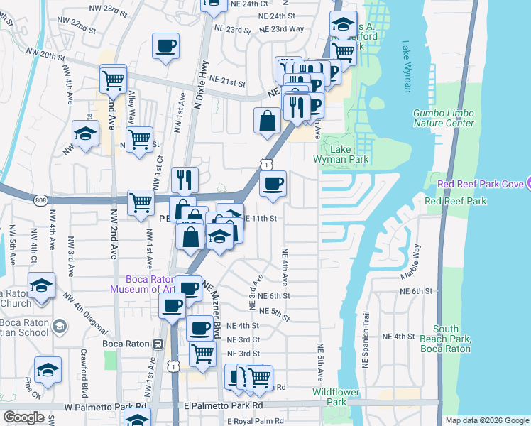 map of restaurants, bars, coffee shops, grocery stores, and more near 1132 Northeast 3rd Avenue in Boca Raton