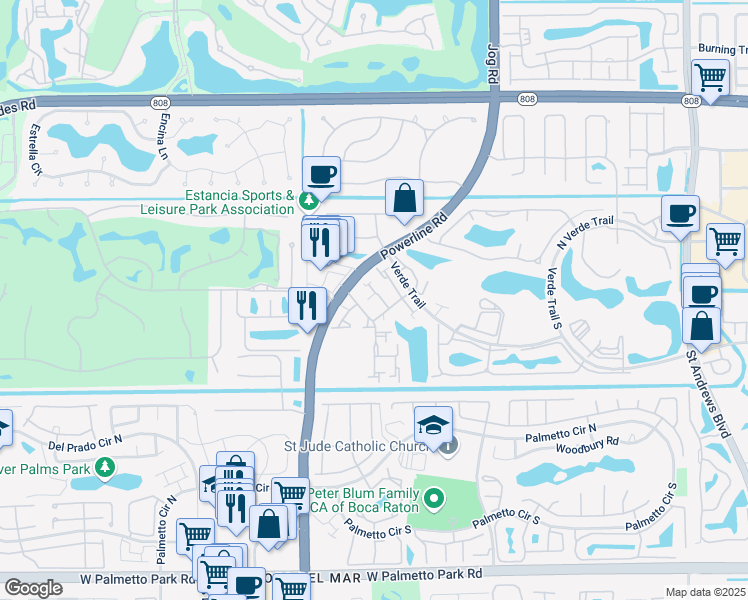 map of restaurants, bars, coffee shops, grocery stores, and more near 21343 Placida Terrace in Boca Raton