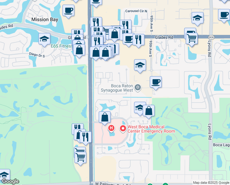 map of restaurants, bars, coffee shops, grocery stores, and more near 9869 Palma Vista Way in Boca Raton