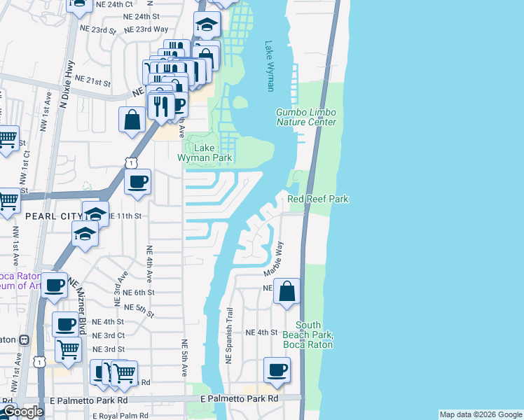 map of restaurants, bars, coffee shops, grocery stores, and more near 863 Buttonwood Drive in Boca Raton