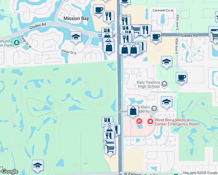 map of restaurants, bars, coffee shops, grocery stores, and more near 11386 Boca Woods Lane in Boca Raton