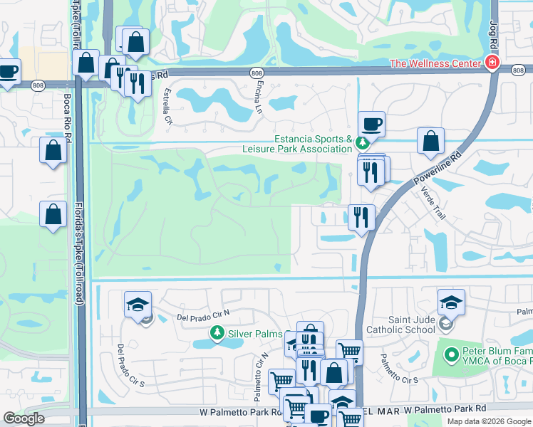 map of restaurants, bars, coffee shops, grocery stores, and more near 21259 Greenwood Court in Boca Raton