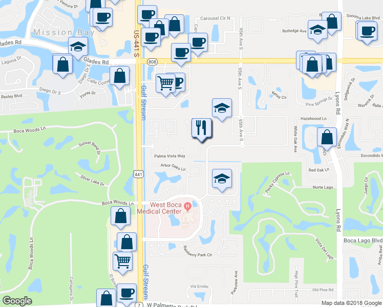 map of restaurants, bars, coffee shops, grocery stores, and more near 9821 Palma Vista Way in Boca Raton