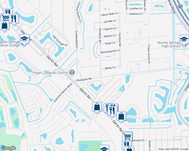 map of restaurants, bars, coffee shops, grocery stores, and more near 10201 Shangri-La Road in Bonita Springs