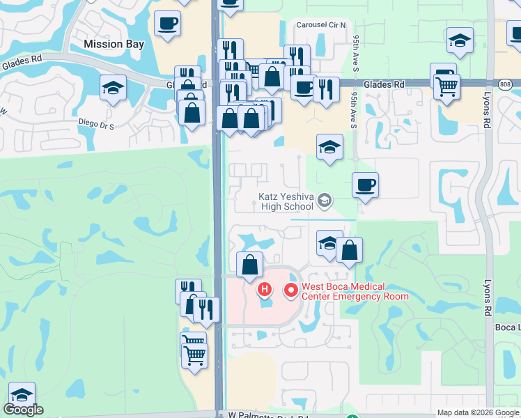 map of restaurants, bars, coffee shops, grocery stores, and more near 9869 Palma Vista Way in Boca Raton
