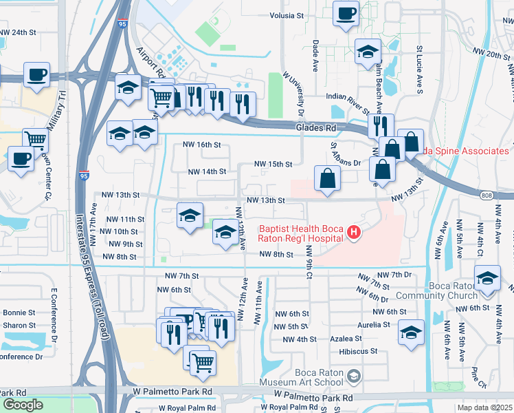 map of restaurants, bars, coffee shops, grocery stores, and more near 1150 Northwest 13th Street in Boca Raton