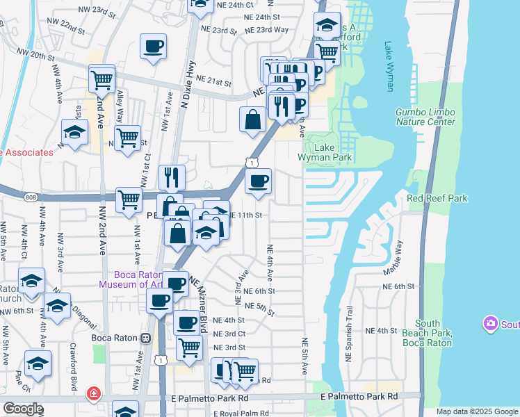 map of restaurants, bars, coffee shops, grocery stores, and more near 1132 Northeast 3rd Avenue in Boca Raton