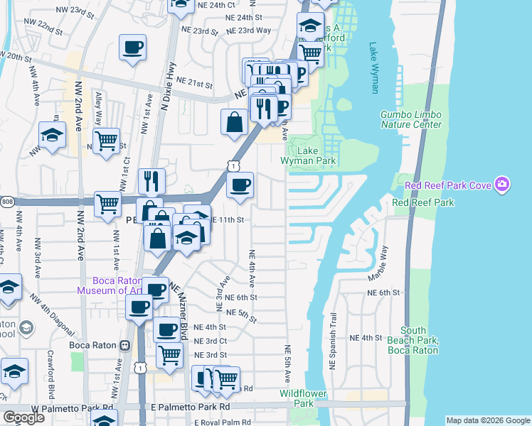 map of restaurants, bars, coffee shops, grocery stores, and more near 440 Northeast 12th Street in Boca Raton