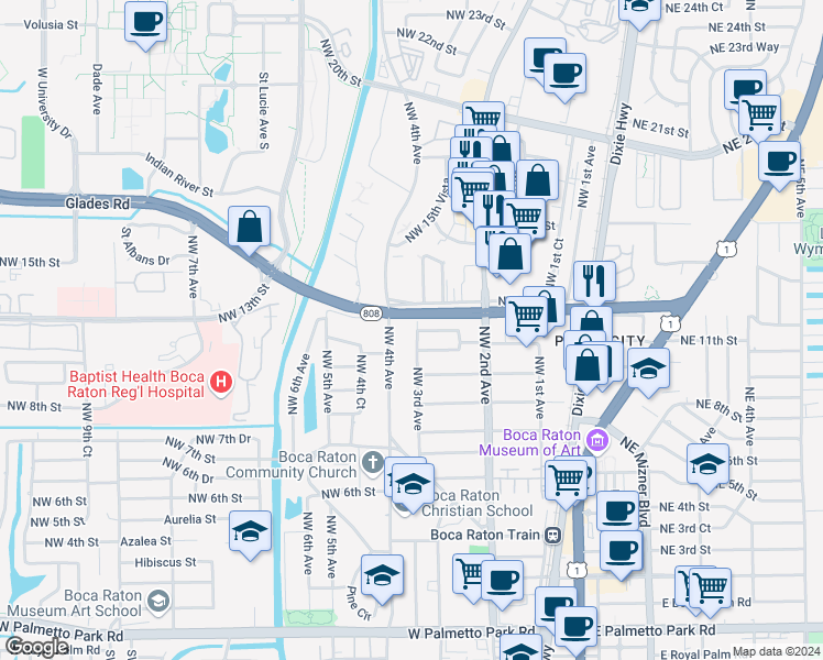 map of restaurants, bars, coffee shops, grocery stores, and more near 1201 Northwest 3rd Avenue in Boca Raton