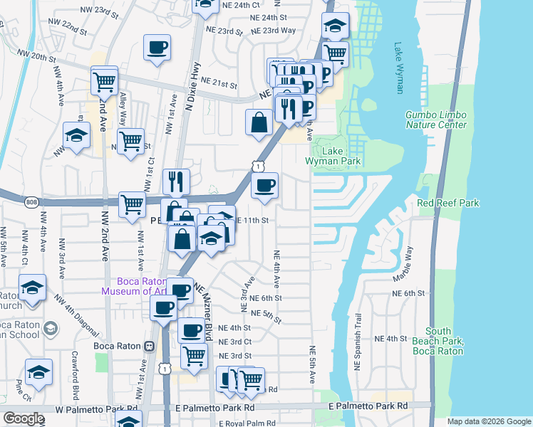 map of restaurants, bars, coffee shops, grocery stores, and more near 1132 Northeast 3rd Avenue in Boca Raton