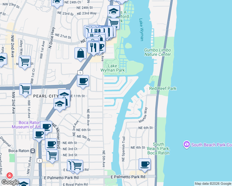 map of restaurants, bars, coffee shops, grocery stores, and more near 561 Golden Harbour Drive in Boca Raton