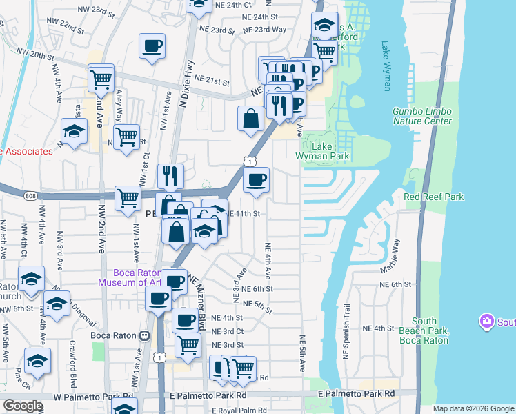 map of restaurants, bars, coffee shops, grocery stores, and more near 1132 Northeast 3rd Avenue in Boca Raton