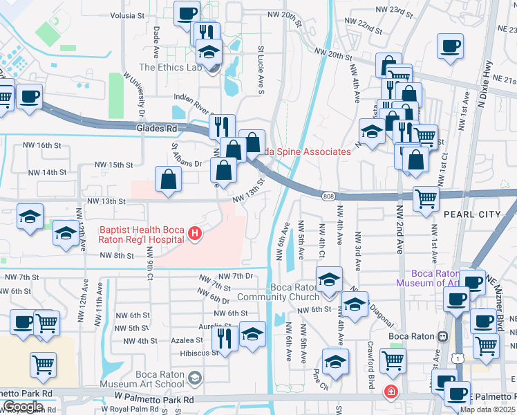 map of restaurants, bars, coffee shops, grocery stores, and more near 614 Northwest 13th Street in Boca Raton