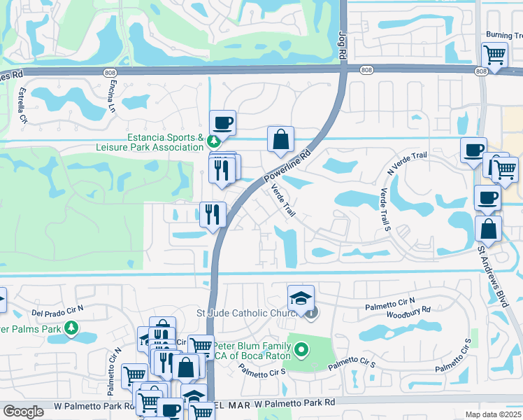 map of restaurants, bars, coffee shops, grocery stores, and more near 21343 Placida Terrace in Boca Raton