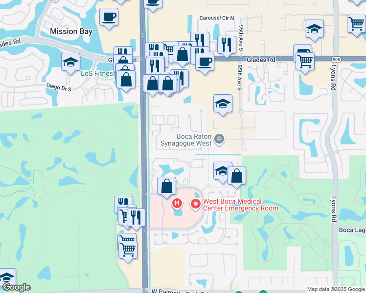 map of restaurants, bars, coffee shops, grocery stores, and more near 9869 Palma Vista Way in Boca Raton