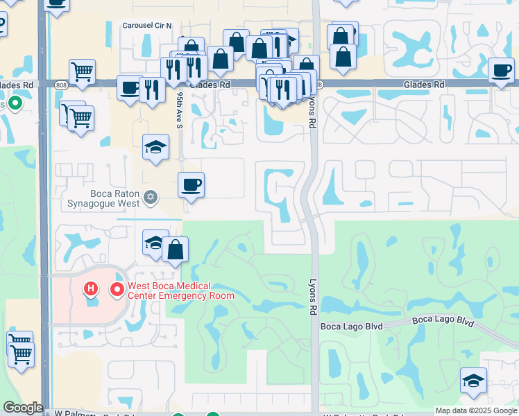 map of restaurants, bars, coffee shops, grocery stores, and more near 21145 White Oak Avenue in Boca Raton