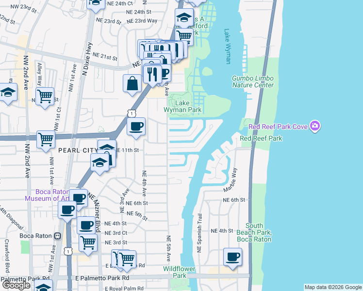 map of restaurants, bars, coffee shops, grocery stores, and more near 561 Golden Harbour Drive in Boca Raton