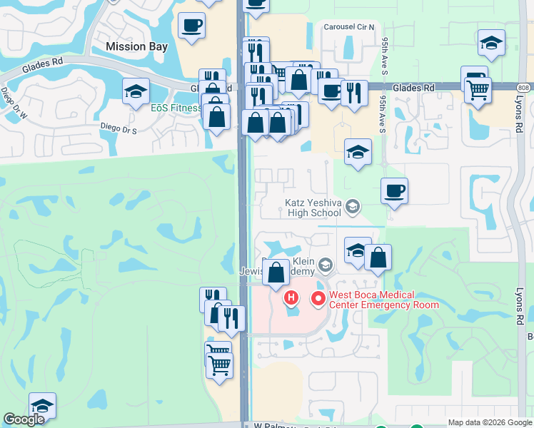 map of restaurants, bars, coffee shops, grocery stores, and more near 9911 Palma Vista Way in Boca Raton