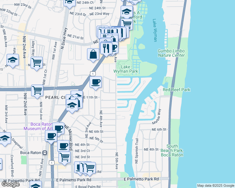 map of restaurants, bars, coffee shops, grocery stores, and more near 501 Golden Harbour Drive in Boca Raton