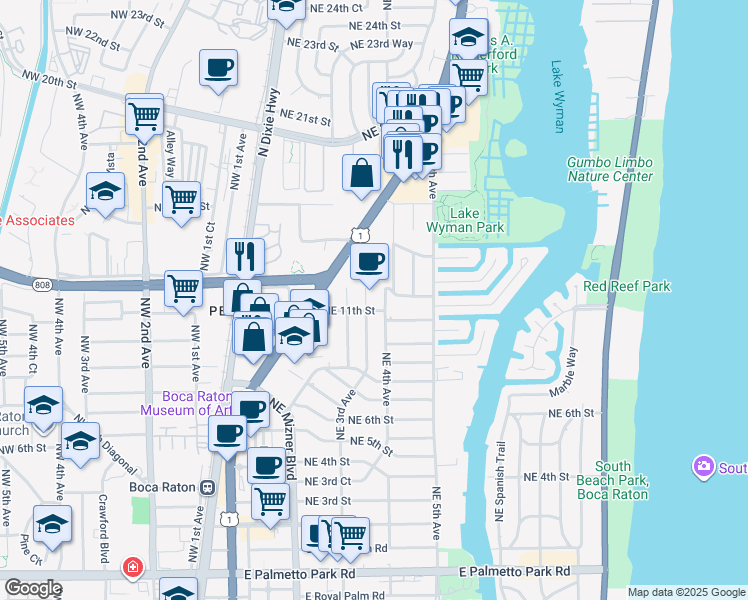map of restaurants, bars, coffee shops, grocery stores, and more near 1132 Northeast 3rd Avenue in Boca Raton