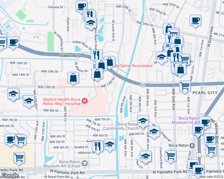 map of restaurants, bars, coffee shops, grocery stores, and more near 614 Northwest 13th Street in Boca Raton