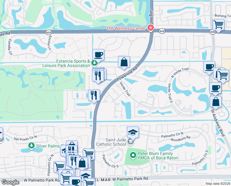 map of restaurants, bars, coffee shops, grocery stores, and more near 21349 Placida Terrace in Boca Raton