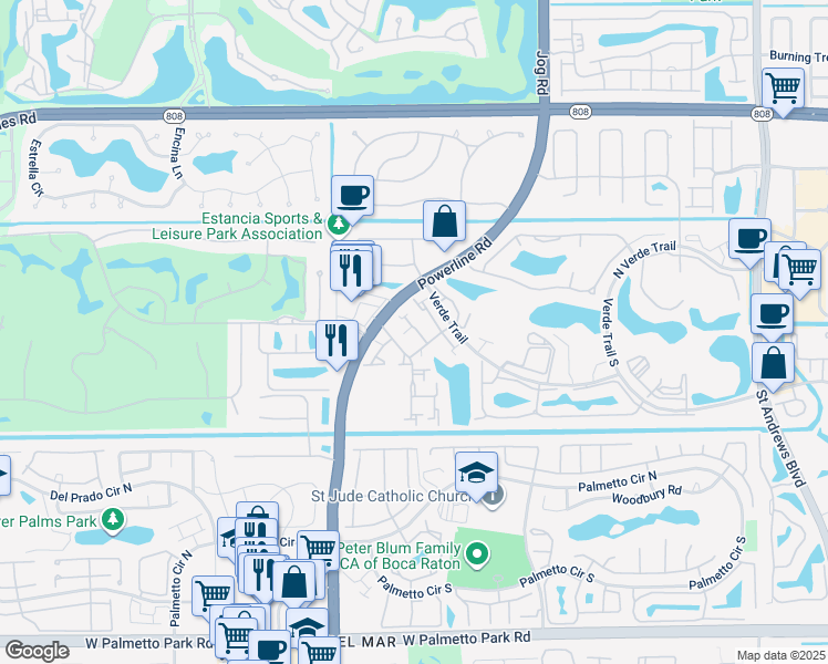 map of restaurants, bars, coffee shops, grocery stores, and more near 21343 Placida Terrace in Boca Raton