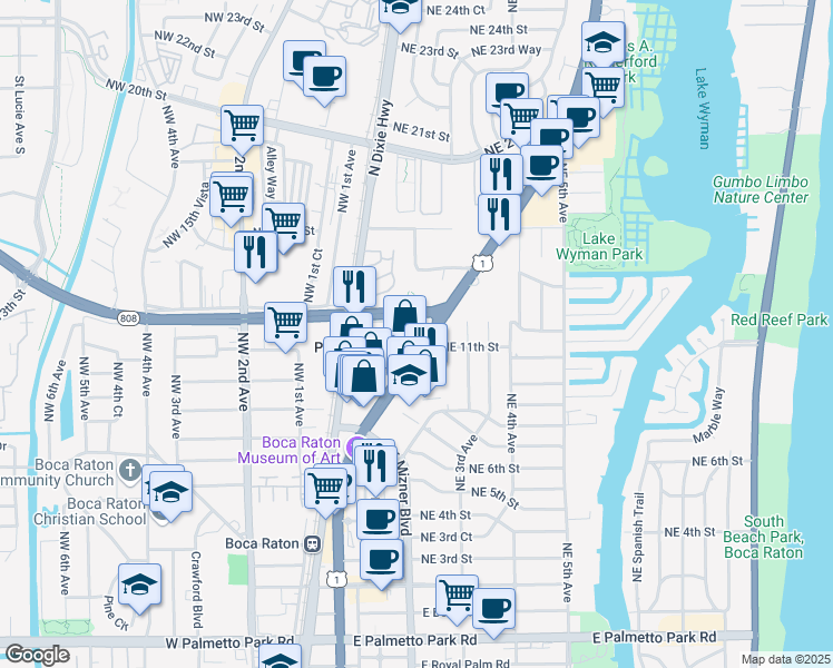 map of restaurants, bars, coffee shops, grocery stores, and more near 1151 N Federal Hwy in Boca Raton