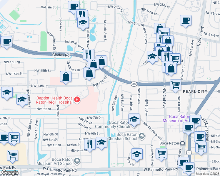 map of restaurants, bars, coffee shops, grocery stores, and more near 614 Northwest 13th Street in Boca Raton